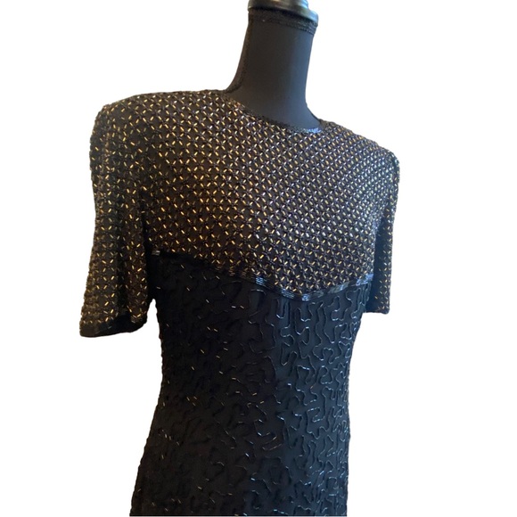 Vintage Black / Gold Beaded 100% SILK Evening Dress - Picture 4 of 14